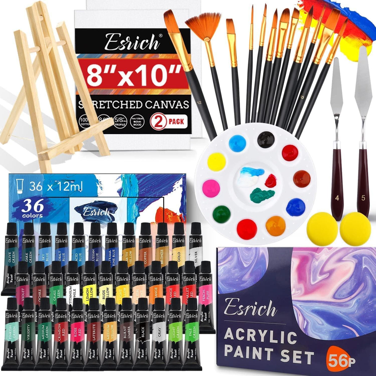 Acrylic Paint Set,56 PCS with Paint Brushes, 36 Colors Acrylic Paints, 1 Easel, 2 Painting Canvases, Palette, Paint Knives and Art Sponges WoodArtSupply