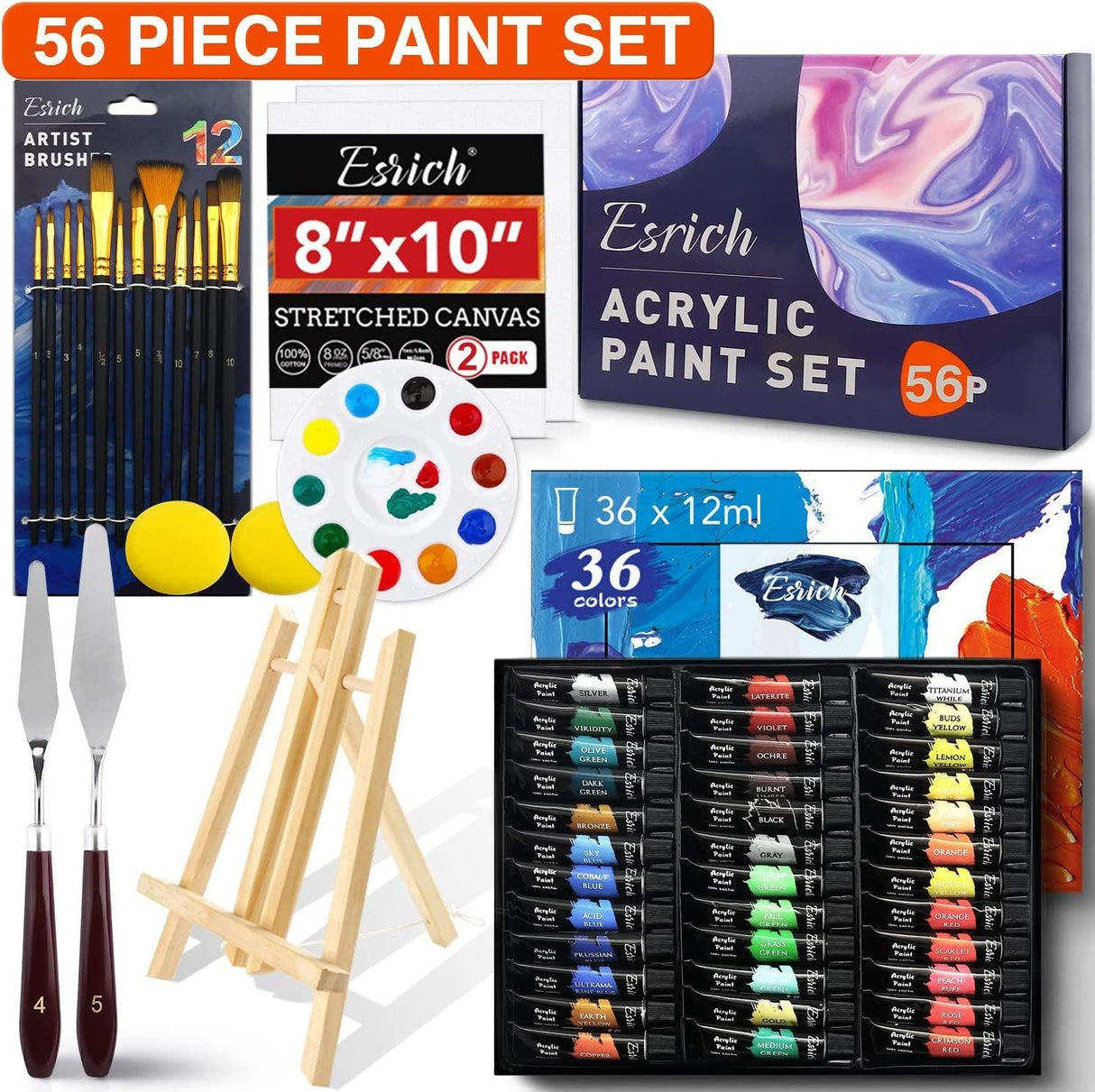 Acrylic Paint Set,56 PCS with Paint Brushes, 36 Colors Acrylic Paints, 1 Easel, 2 Painting Canvases, Palette, Paint Knives and Art Sponges WoodArtSupply