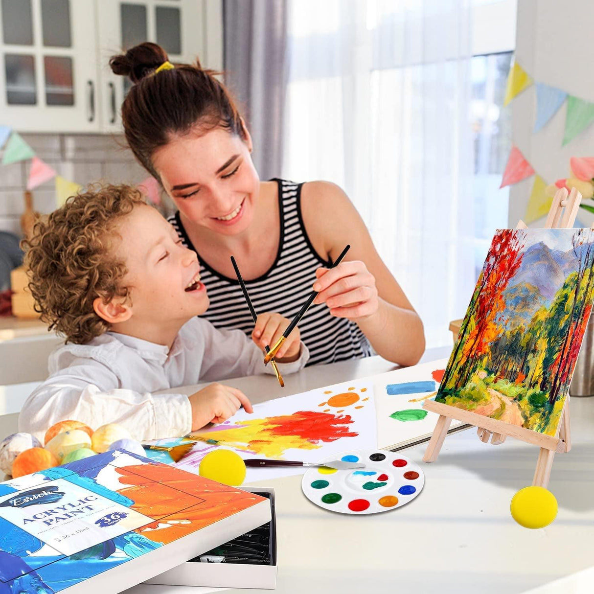 Acrylic Paint Set,56 PCS with Paint Brushes, 36 Colors Acrylic Paints, 1 Easel, 2 Painting Canvases, Palette, Paint Knives and Art Sponges WoodArtSupply