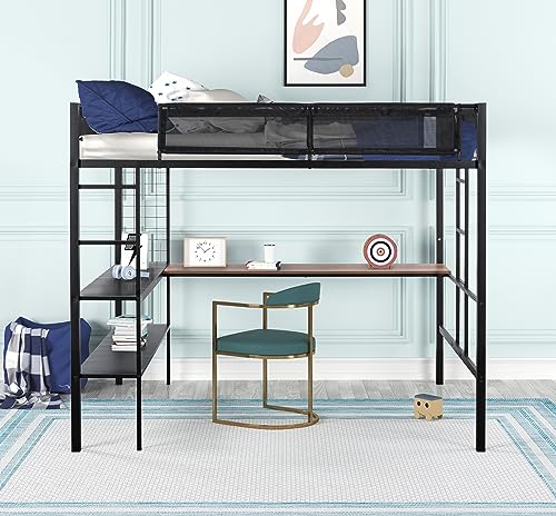 Adigyco Sturdy Metal Loft Bed with Built-in Desk, Shelves & Textilene Guardrails - Black Adigyco