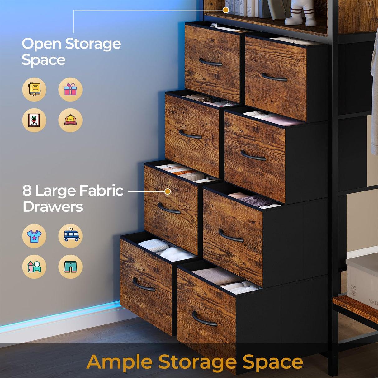 ADORNEVE Full Over Twin Bunk Bed with 8 Storage Drawers, Metal Loft Bed with Led Lights & Storage Shelves, Bunk Beds Twin over Full Size with 13.4" H Safety Guardrail & Ladder, for Kids & Teens, Black ADORNEVE