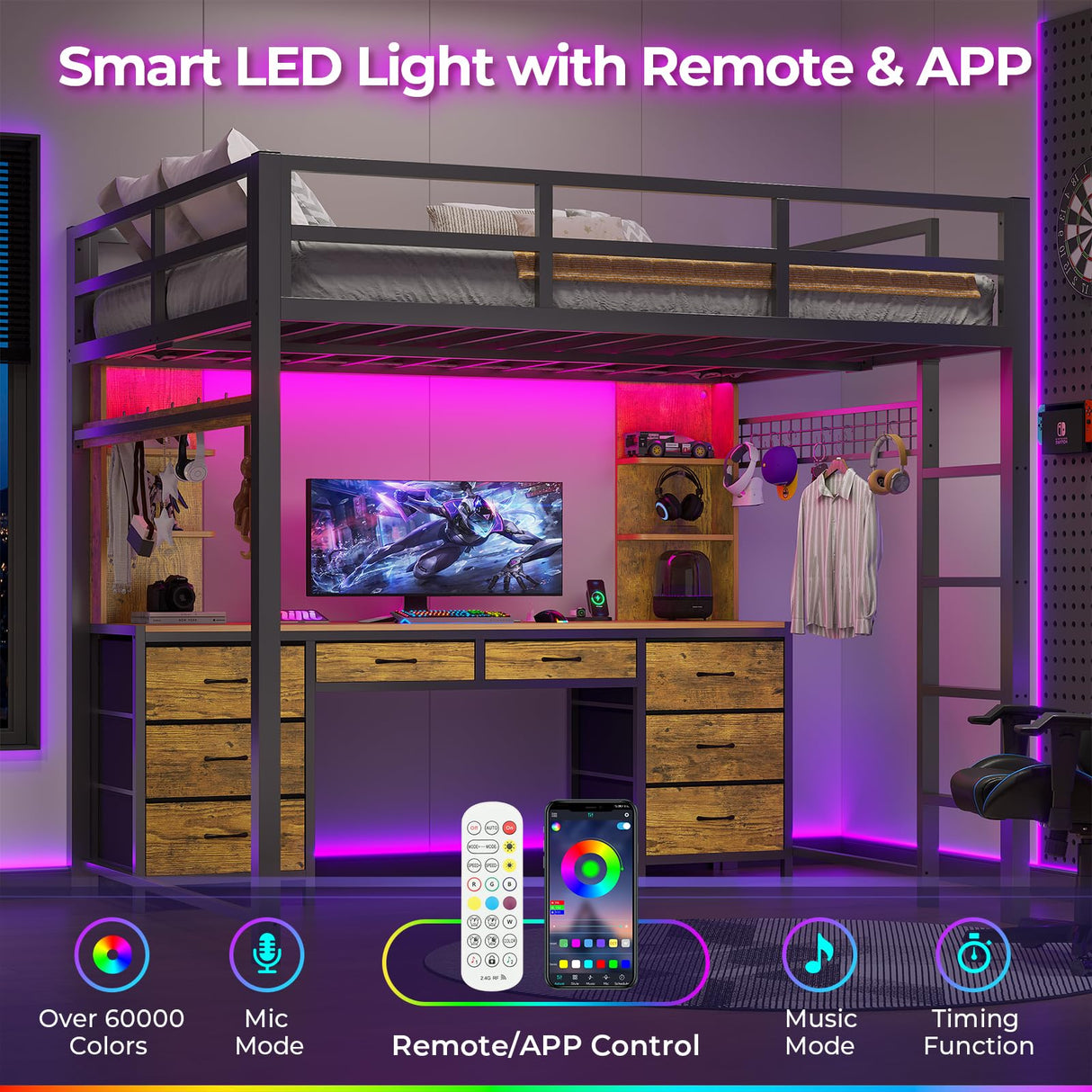 ADORNEVE Full Size Loft Bed with Desk and 8 Storage Drawers, Metal Loft Bed Full with LED Lights & Charging Sation, Heavy Duty LED Loft Beds with 6 Storage Shelves, Space-Saving, Noise Free, Black ADORNEVE