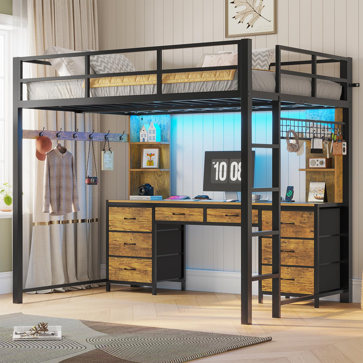 ADORNEVE Full Size Loft Bed with Desk and 8 Storage Drawers, Metal Loft Bed Full with LED Lights & Charging Sation, Heavy Duty LED Loft Beds with 6 Storage Shelves, Space-Saving, Noise Free, Black ADORNEVE