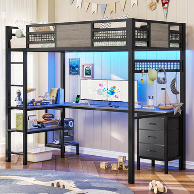 ADORNEVE Loft Bed Twin Size with L-Shaped Desk, LED Lights,Charging Station, Twin Metal Loft Bed Frame with Fabric Drawers & Shelve, 13.4" H Safety Guardrail, No Box Spring Needed, Grey