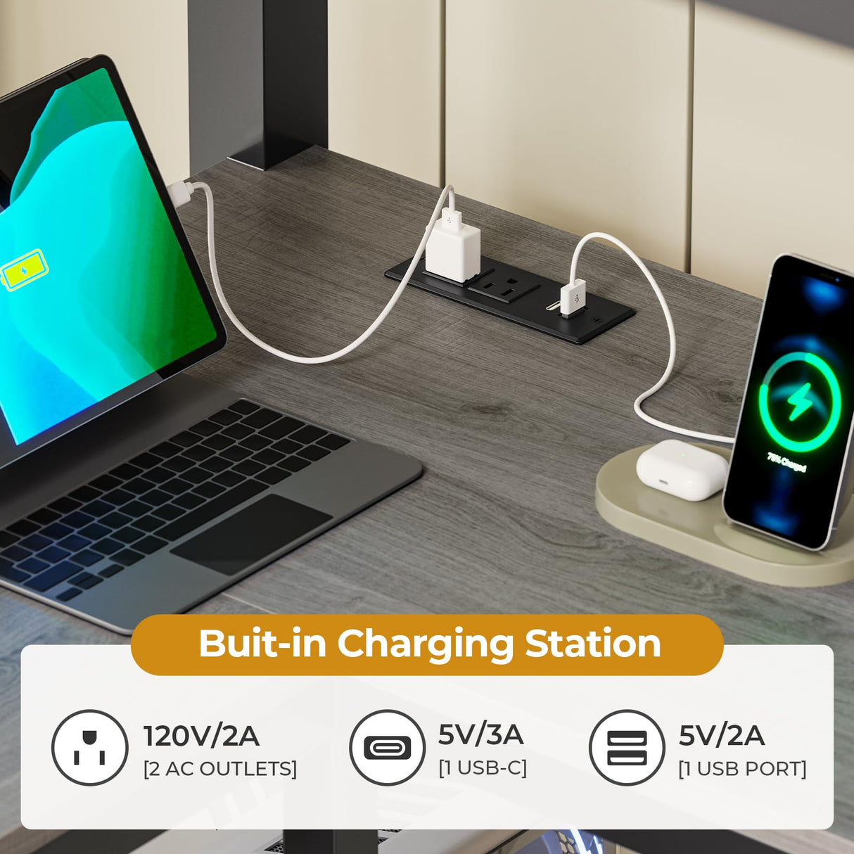 ADORNEVE Loft Bed Twin Size with L-Shaped Desk, LED Lights,Charging Station, Twin Metal Loft Bed Frame with Fabric Drawers & Shelve, 13.4" H Safety Guardrail, No Box Spring Needed, Grey ADORNEVE