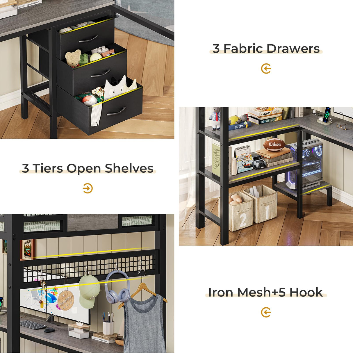 ADORNEVE Loft Bed Twin Size with L-Shaped Desk, LED Lights,Charging Station, Twin Metal Loft Bed Frame with Fabric Drawers & Shelve, 13.4" H Safety Guardrail, No Box Spring Needed, Grey ADORNEVE