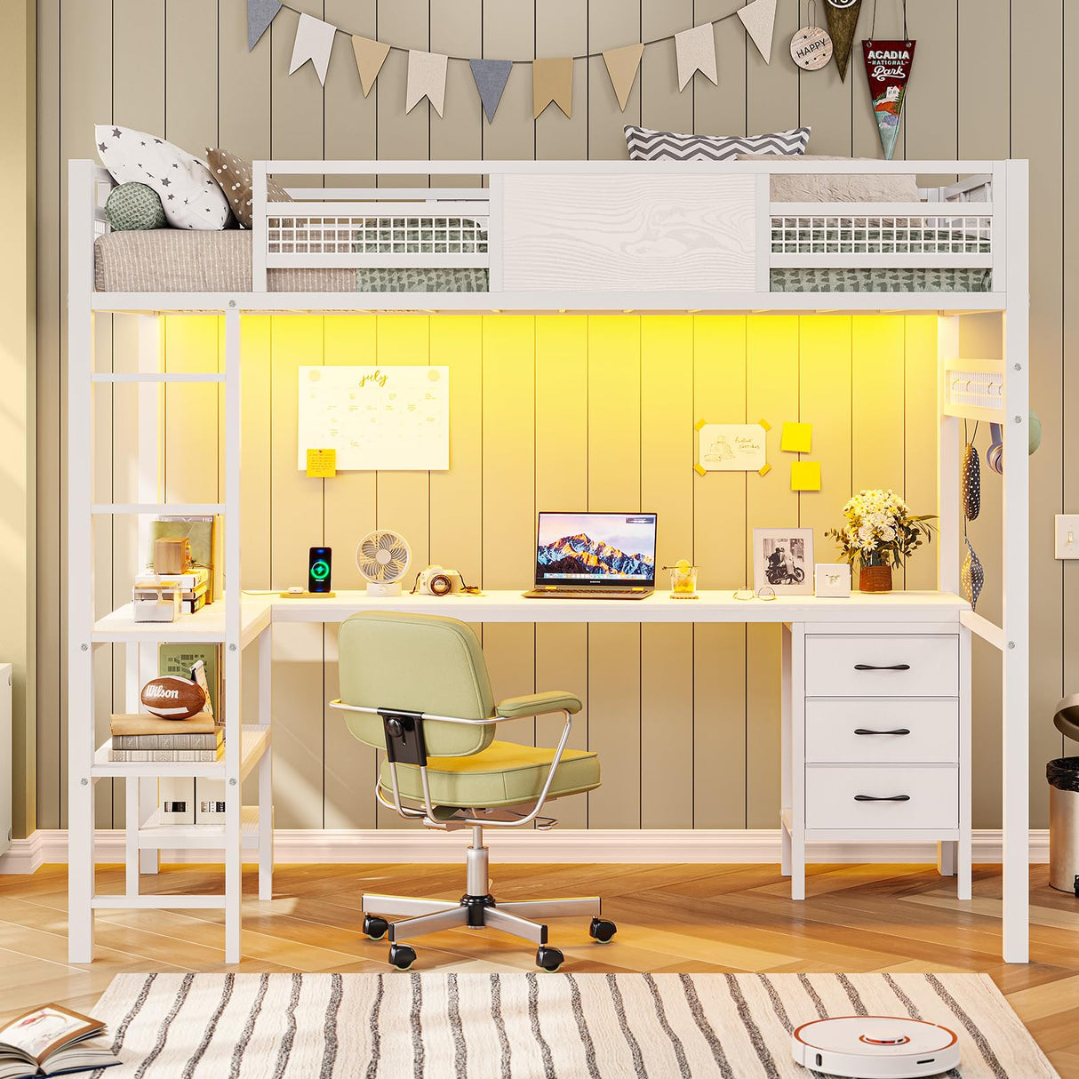 ADORNEVE Loft Bed Twin Size with L-Shaped Desk, LED Lights,Charging Station, Twin Metal Loft Bed Frame with Fabric Drawers & Shelve, 13.4" H Safety Guardrail, No Box Spring Needed, White ADORNEVE