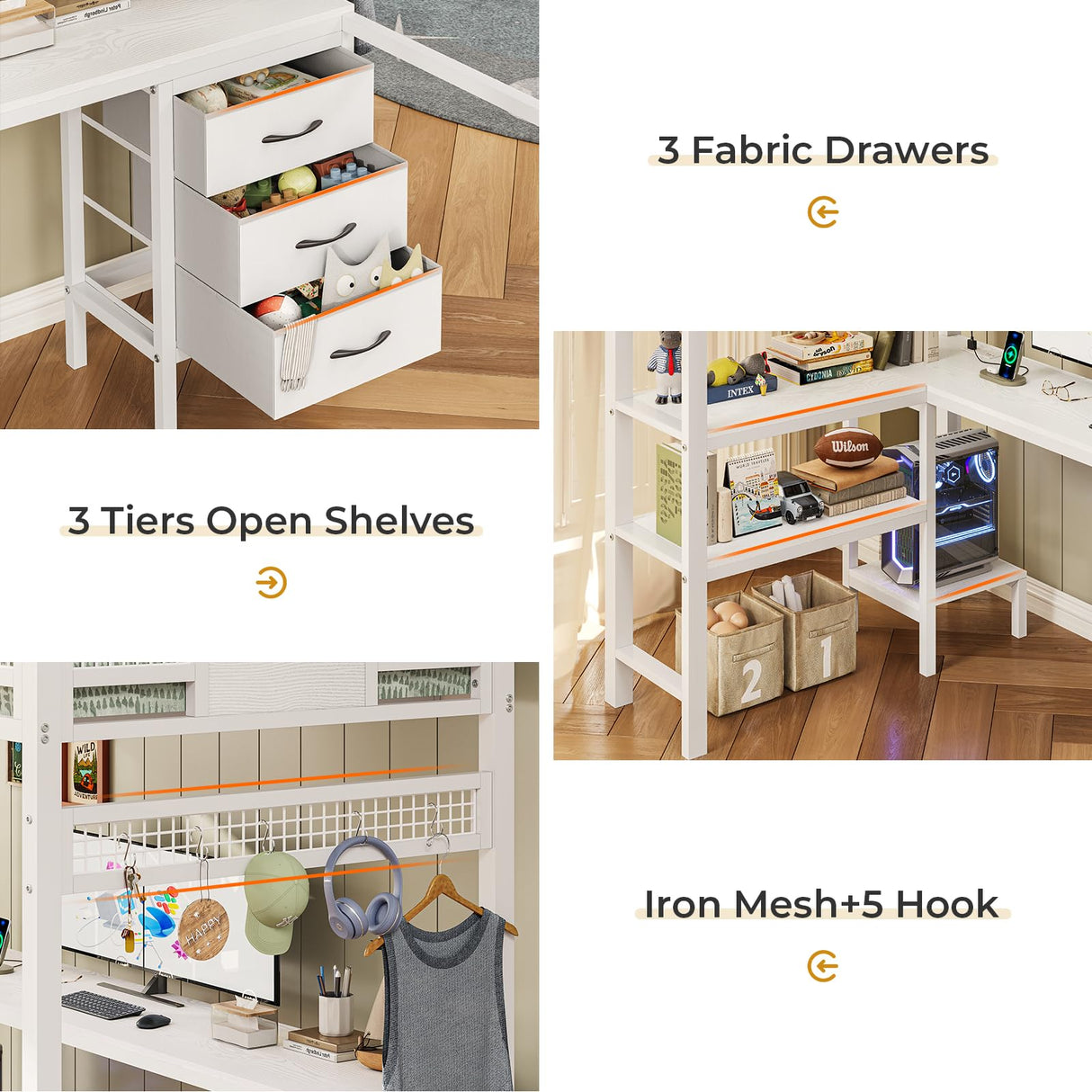 ADORNEVE Loft Bed Twin Size with L-Shaped Desk, LED Lights,Charging Station, Twin Metal Loft Bed Frame with Fabric Drawers & Shelve, 13.4" H Safety Guardrail, No Box Spring Needed, White ADORNEVE