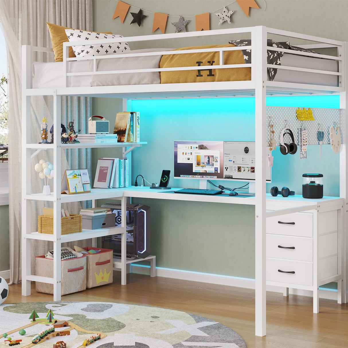ADORNEVE Loft Bed Twin Size with L-Shaped Desk, LED Lights,Charging Station,Twin Metal Loft Bed with Desk, Fabric Drawers & Shelves, 13.4" H Safety Guard, No Box Spring Needed,White ADORNEVE
