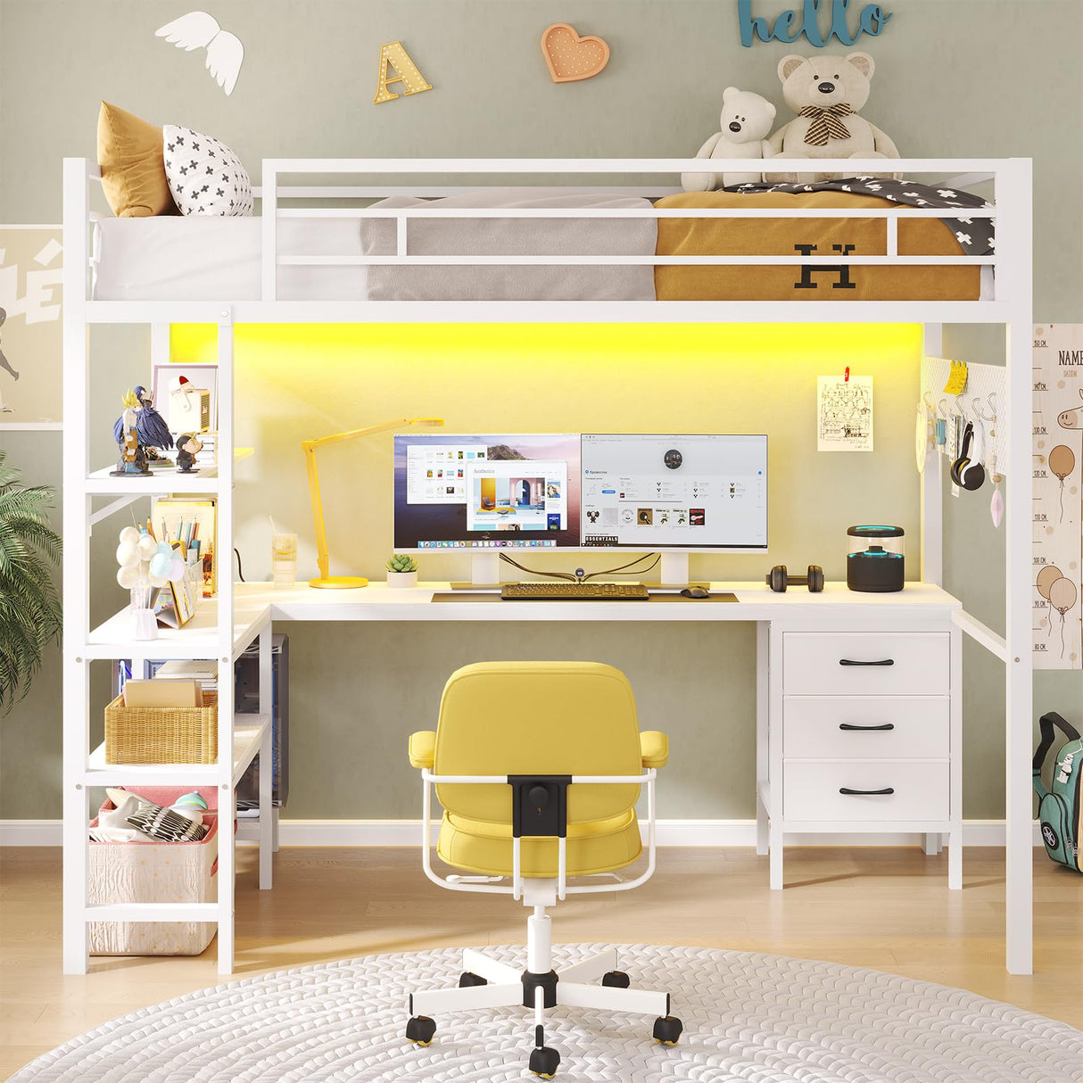 ADORNEVE Loft Bed Twin Size with L-Shaped Desk, LED Lights,Charging Station,Twin Metal Loft Bed with Desk, Fabric Drawers & Shelves, 13.4" H Safety Guard, No Box Spring Needed,White ADORNEVE