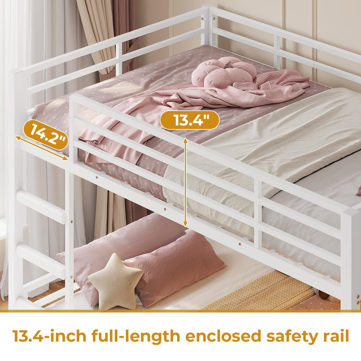 ADORNEVE Low Bunk Bed Twin Over Twin with Sling Bookshelves, Storage Drawers & Power Outlet, LED Metal Floor Bunk with Full-Length Guardrail & Metal Slats, No Box Spring Needed, for Toddler, White ADORNEVE