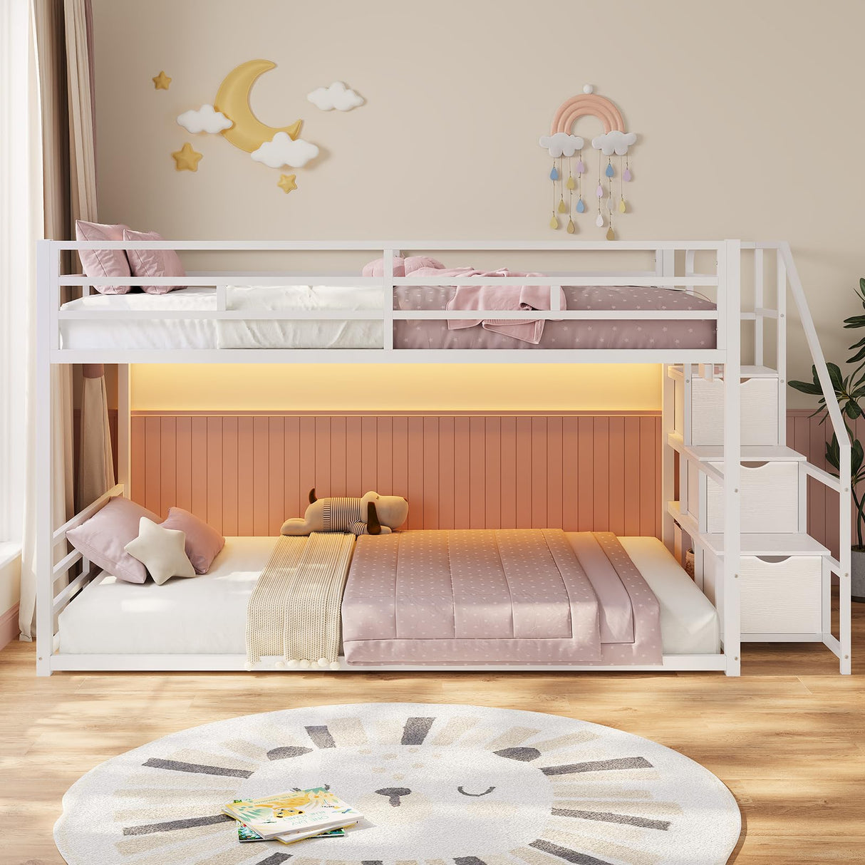 ADORNEVE Low Bunk Bed Twin Over Twin with Stairs, Storage Drawers & Shelves, RGB LED Lights Metal Floor Bunk with Power Outlet, Full-Length Guardrail & Metal Slats, for Small Space, Kids, White ADORNEVE