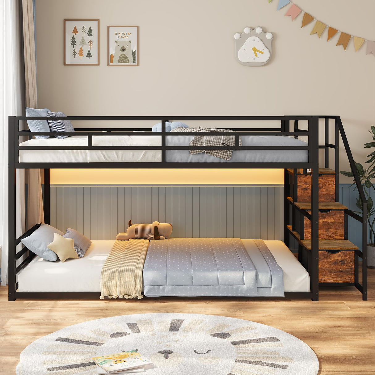 ADORNEVE Low Bunk Bed Twin Over Twin with Storage Staircase, Drawers & Shelves, RGB LED Lights Metal Floor Bunk with Power Outlet, Full-Length Guardrail & Metal Slats, for Small Space, Kids, Black ADORNEVE