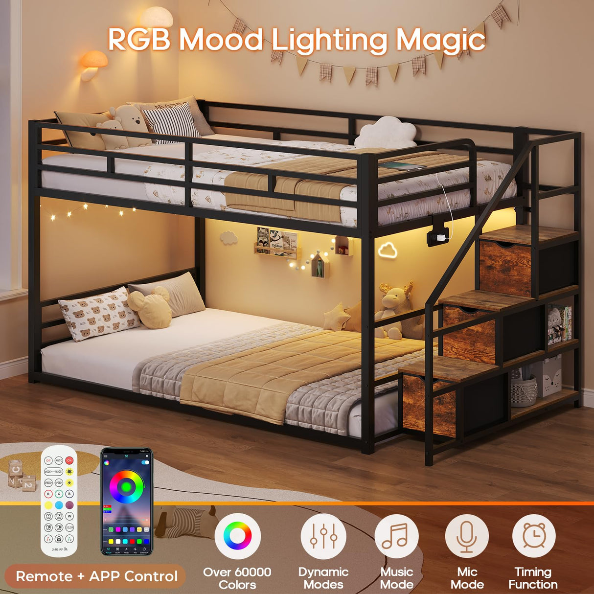 ADORNEVE Low Bunk Bed Twin Over Twin with Storage Staircase, Drawers & Shelves, RGB LED Lights Metal Floor Bunk with Power Outlet, Full-Length Guardrail & Metal Slats, for Small Space, Kids, Black ADORNEVE
