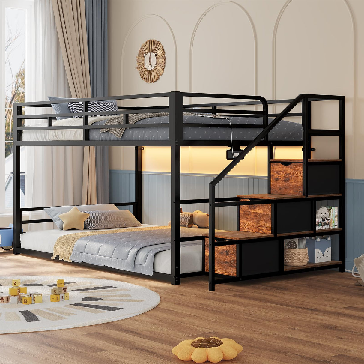 ADORNEVE Low Bunk Bed Twin Over Twin with Storage Staircase, Drawers & Shelves, RGB LED Lights Metal Floor Bunk with Power Outlet, Full-Length Guardrail & Metal Slats, for Small Space, Kids, Black ADORNEVE