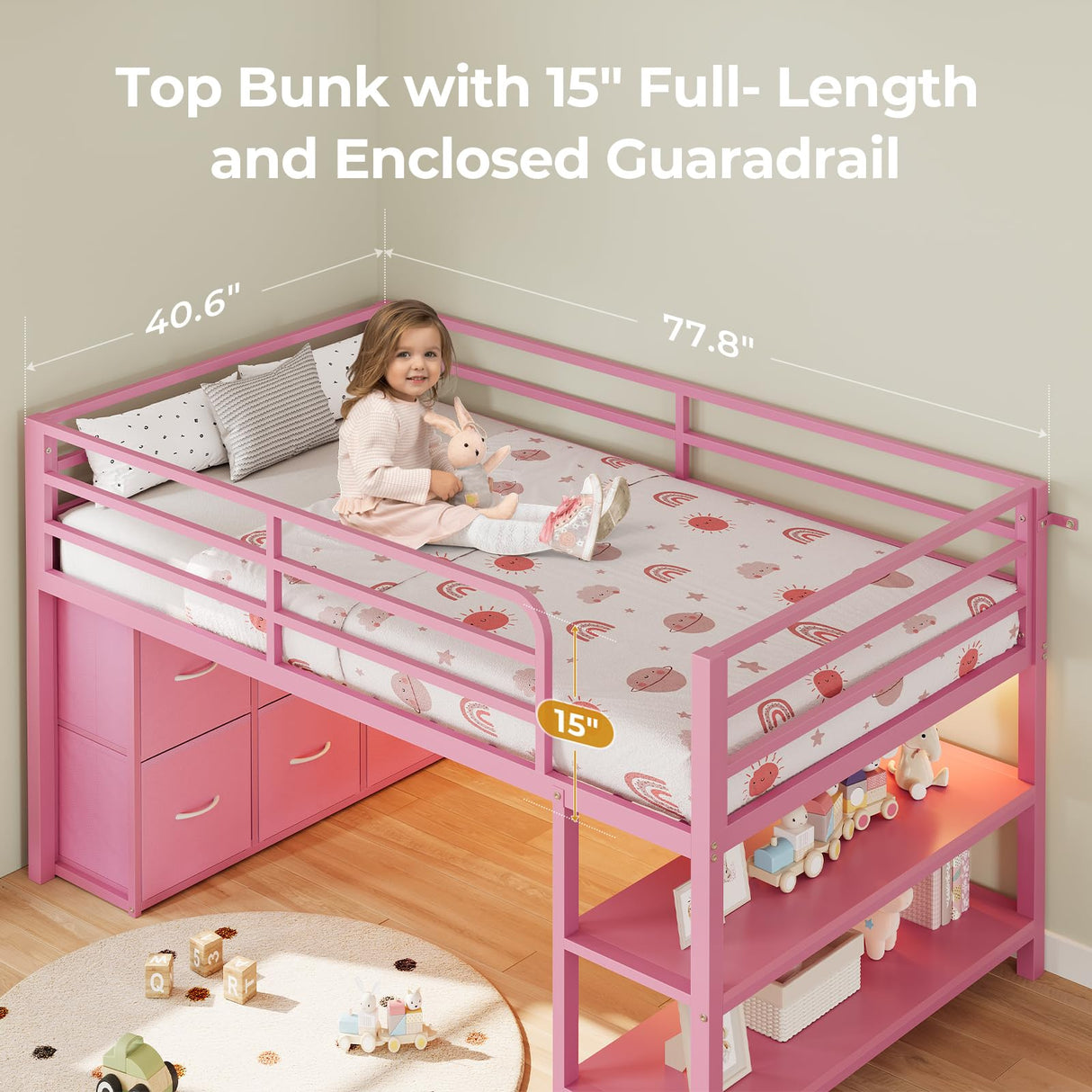 ADORNEVE Low Loft Bed Twin Size with 6 Storage Drawers, Twin Loft Bed with LED Lights, Metal Kids Loft Bed with Open Storage Shelves, Twin Bed Frame with 15" H Safety Guardrail for Kids, Pink ADORNEVE