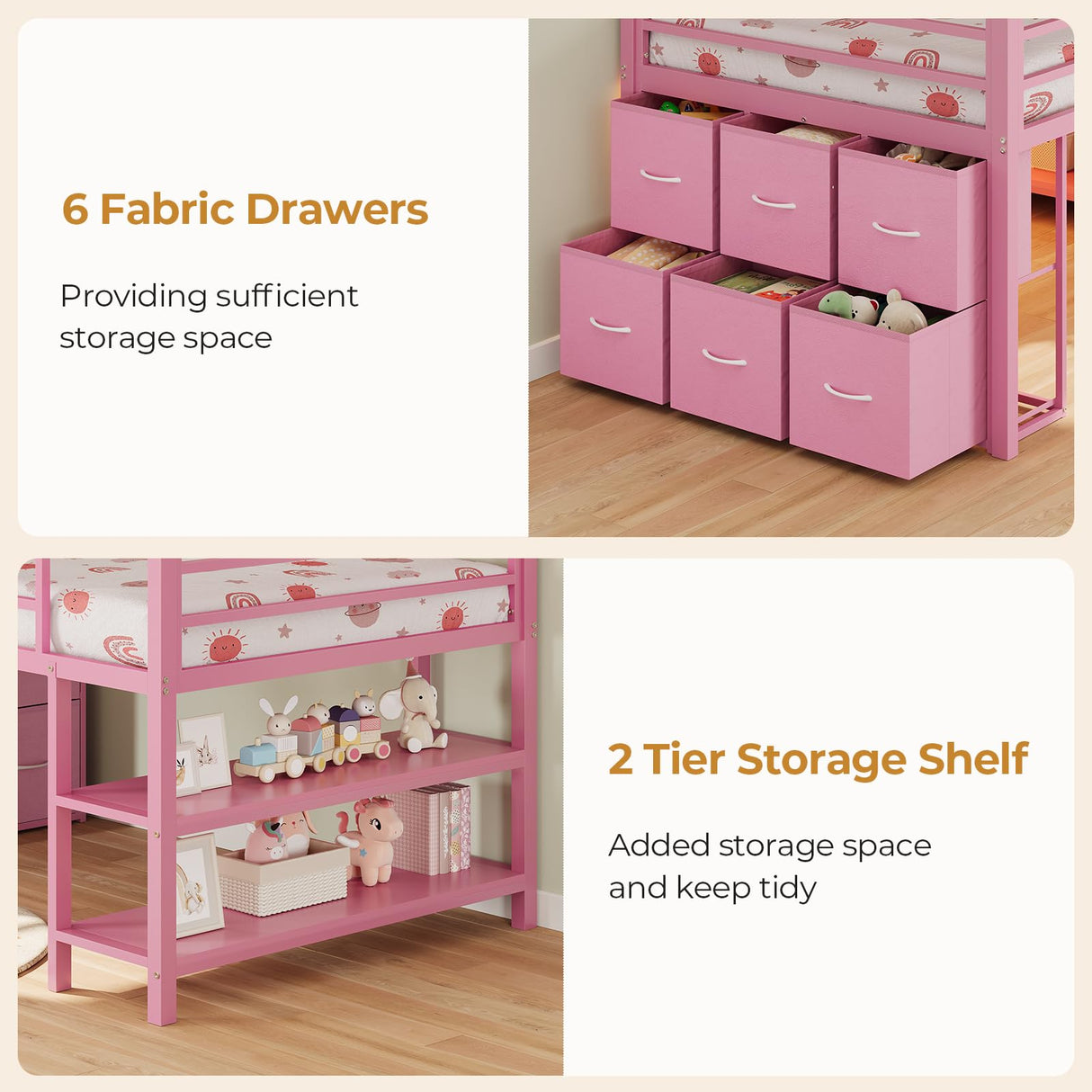 ADORNEVE Low Loft Bed Twin Size with 6 Storage Drawers, Twin Loft Bed with LED Lights, Metal Kids Loft Bed with Open Storage Shelves, Twin Bed Frame with 15" H Safety Guardrail for Kids, Pink ADORNEVE