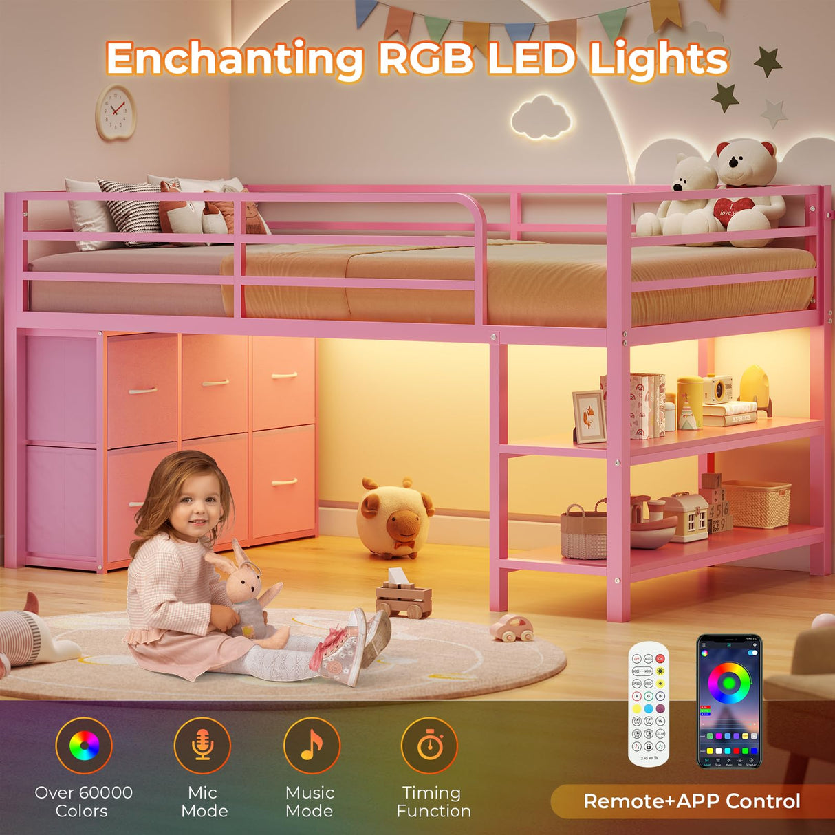 ADORNEVE Low Loft Bed Twin Size with 6 Storage Drawers, Twin Loft Bed with LED Lights, Metal Kids Loft Bed with Open Storage Shelves, Twin Bed Frame with 15" H Safety Guardrail for Kids, Pink ADORNEVE