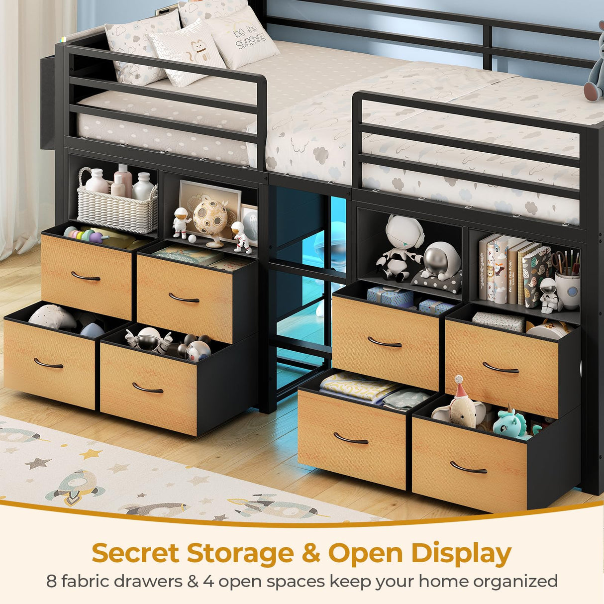 ADORNEVE Low Loft Bed Twin Size with 8 Storage Drawers, Twin Loft Bed with Bookcase and LED Lights, Metal Kids Loft Bed with 14" H Safety Guardrail, Under-Bed Play Space, No Box Spring Needed, Black ADORNEVE