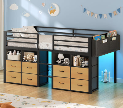 ADORNEVE Low Loft Bed Twin Size with 8 Storage Drawers, Twin Loft Bed with Bookcase and LED Lights, Metal Kids Loft Bed with 14" H Safety Guardrail, Under-Bed Play Space, No Box Spring Needed, Black