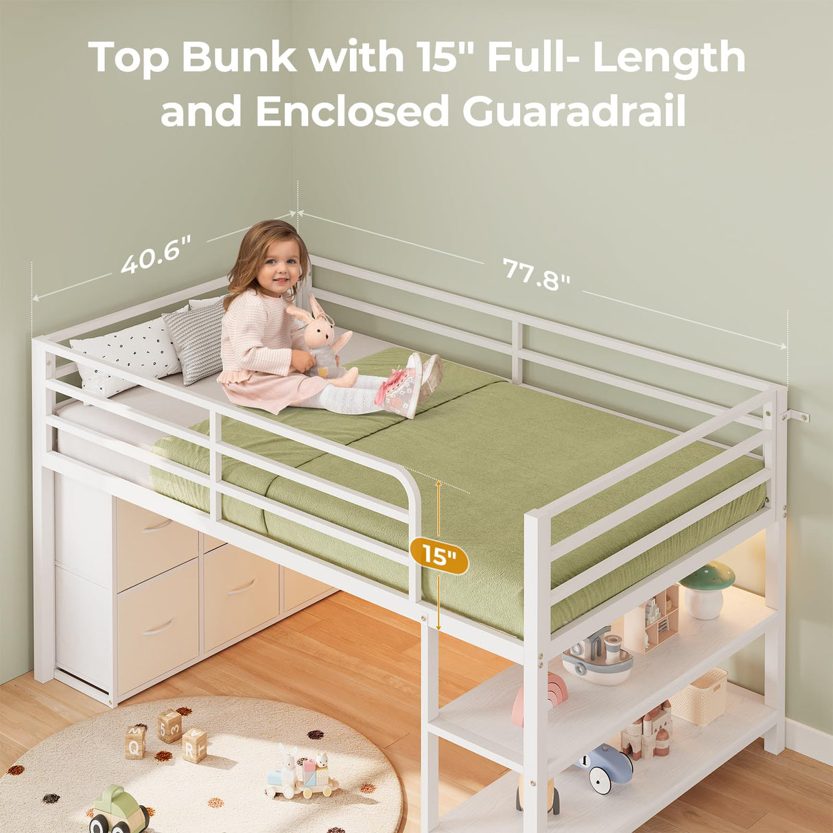ADORNEVE Low Loft Bed with 15" H Safety Guard Rail, Twin Loft Bed with LED Lights, Metal Loft Bed Twin with 6 Fabric Storage Drawers, Kids Loft Bed with Open Storage Shelves, Loft Bed for Kids, White ADORNEVE
