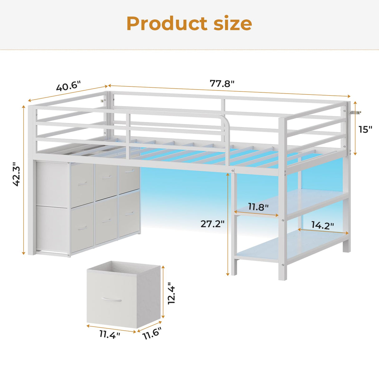 ADORNEVE Low Loft Bed with 15" H Safety Guard Rail, Twin Loft Bed with LED Lights, Metal Loft Bed Twin with 6 Fabric Storage Drawers, Kids Loft Bed with Open Storage Shelves, Loft Bed for Kids, White ADORNEVE
