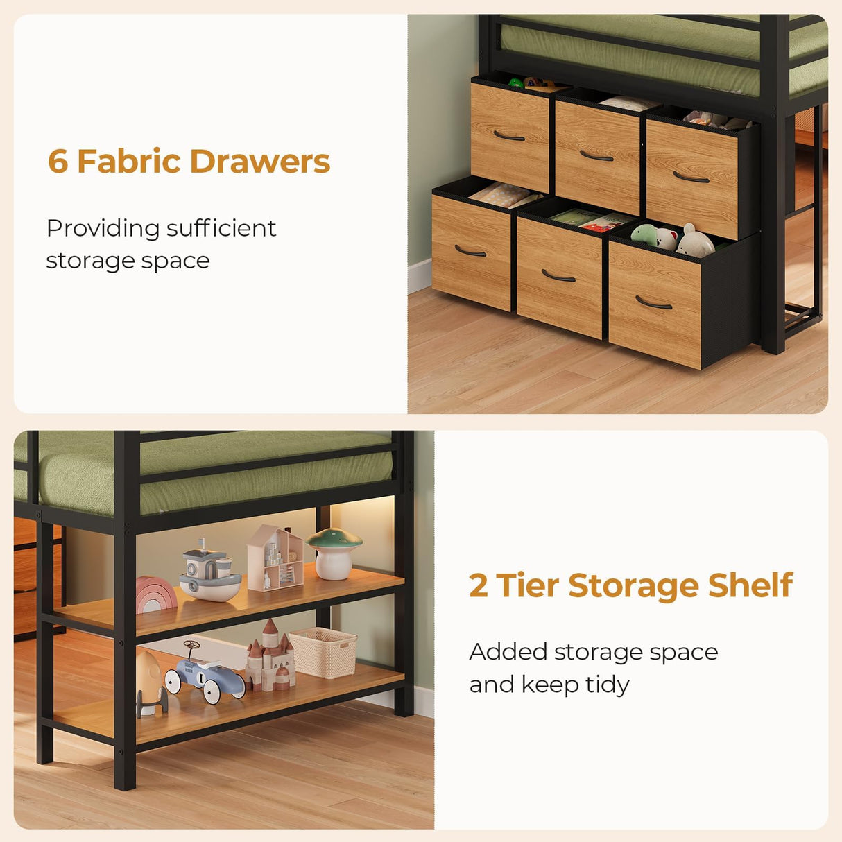 ADORNEVE Low Loft Bed with 6 Storage Drawers, Twin Loft Bed with LED Lights, Metal Loft Bed Twin Size with Open Storage Shelves, Twin Bed Frame with 15" H Safety Guard Rail for Kids, Black ADORNEVE