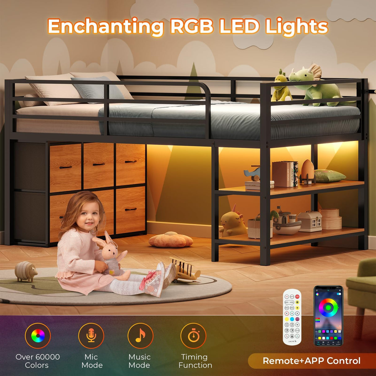 ADORNEVE Low Loft Bed with 6 Storage Drawers, Twin Loft Bed with LED Lights, Metal Loft Bed Twin Size with Open Storage Shelves, Twin Bed Frame with 15" H Safety Guard Rail for Kids, Black ADORNEVE