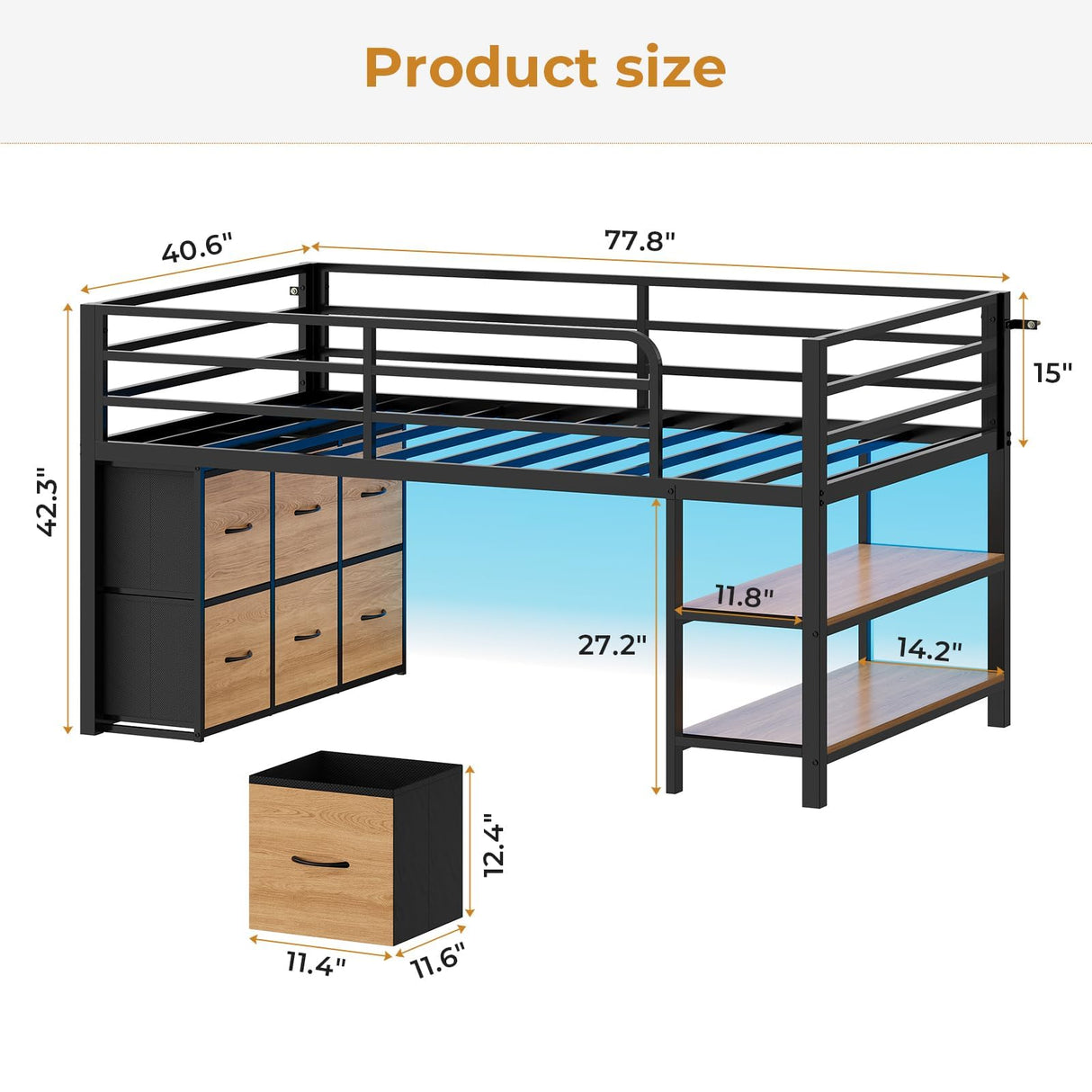 ADORNEVE Low Loft Bed with 6 Storage Drawers, Twin Loft Bed with LED Lights, Metal Loft Bed Twin Size with Open Storage Shelves, Twin Bed Frame with 15" H Safety Guard Rail for Kids, Black ADORNEVE