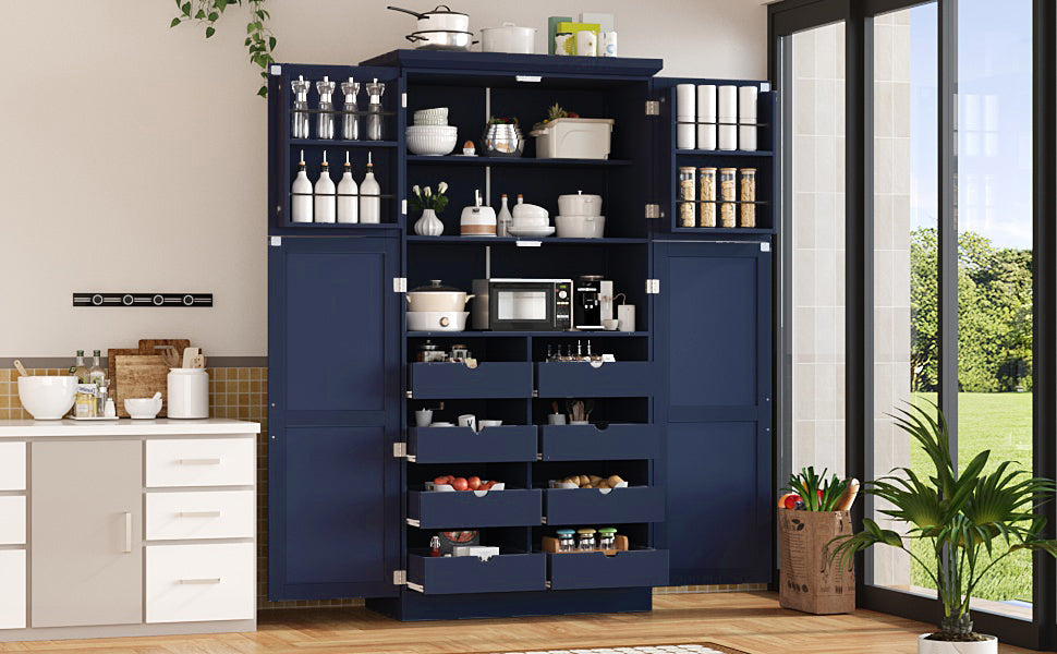 TOPMAX Freestanding Kitchen Pantry Cabinet with 4 Doors and Pull-Out Trays