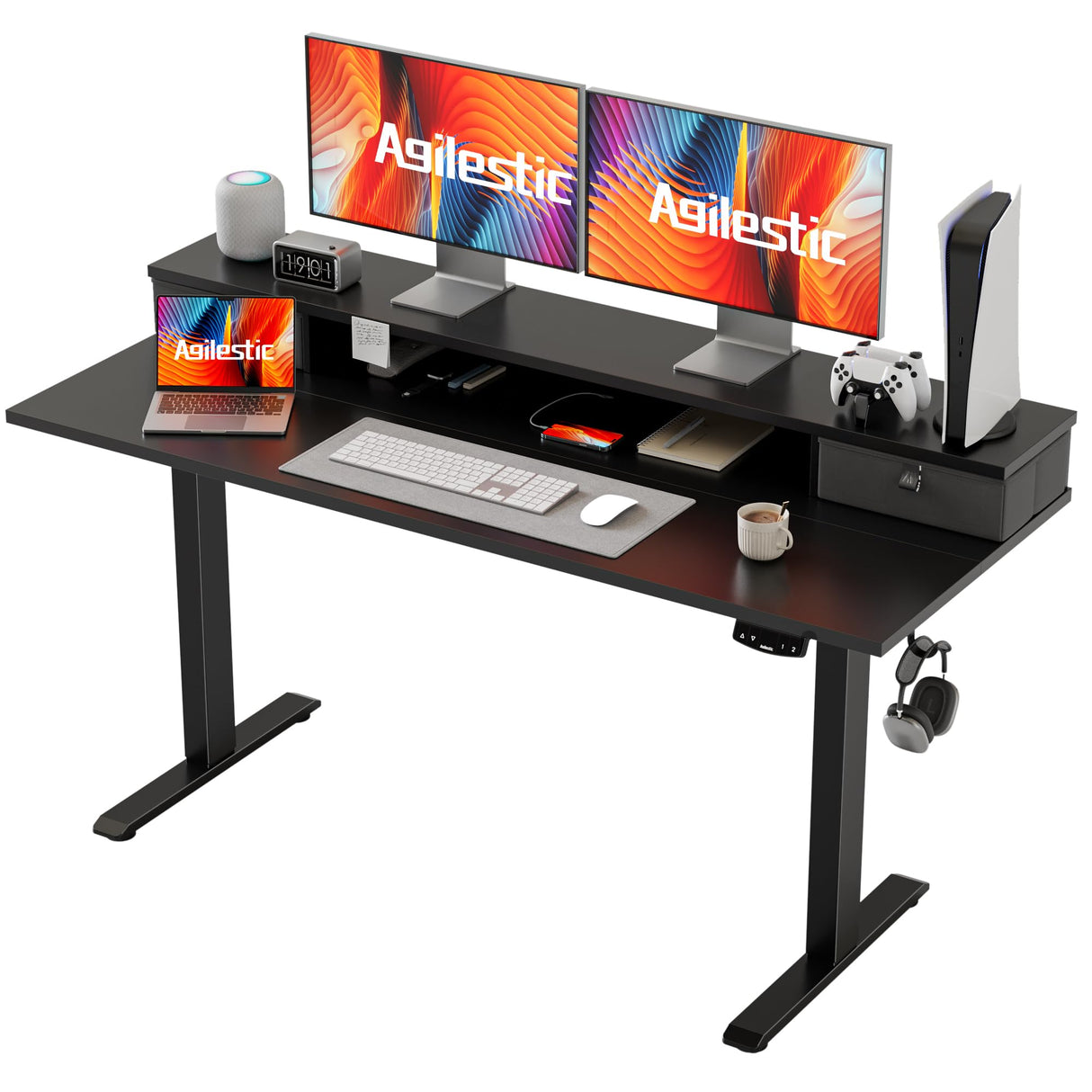 Agilestic 55 x 24 Inches Electric Standing Desk with 2 Storage Drawers, Stand Up Desk Adjustable Height, Sit and Stand Computer Table with Splice Board, Black Agilestic