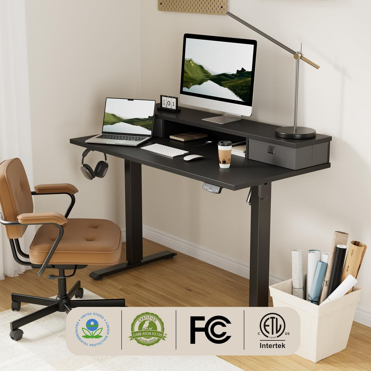 Agilestic 55 x 24 Inches Electric Standing Desk with 2 Storage Drawers, Stand Up Desk Adjustable Height, Sit and Stand Computer Table with Splice Board, Black Agilestic
