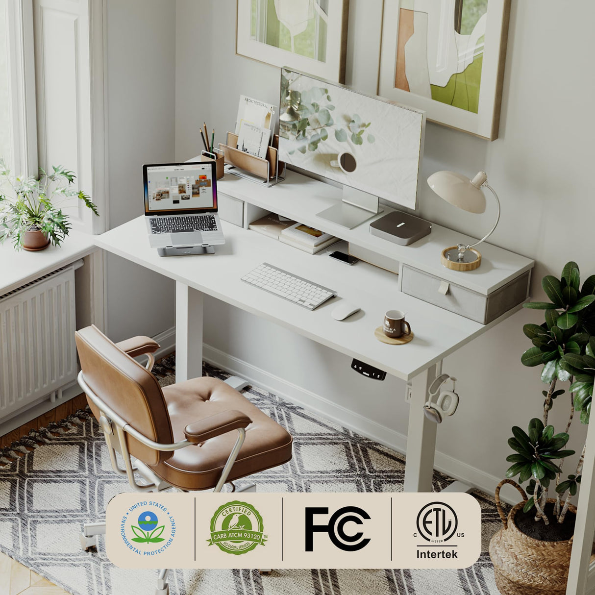 Agilestic 55 x 24 Inches Electric Standing Desk with 2 Storage Drawers, Stand Up Desk Adjustable Height, Sit and Stand Computer Table with Splice Board, White Agilestic