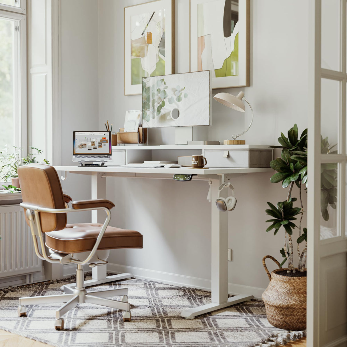 Agilestic 55 x 24 Inches Electric Standing Desk with 2 Storage Drawers, Stand Up Desk Adjustable Height, Sit and Stand Computer Table with Splice Board, White Agilestic