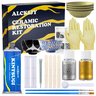 Alckijy Kintsugi Repair Kit Gold & Sliver, 18 Pcs Ceramic Repair Kit, Repair Your Meaningful Porcelain with Ease, Safe Bio Resin, Perfect for Beginners, Dishwasher