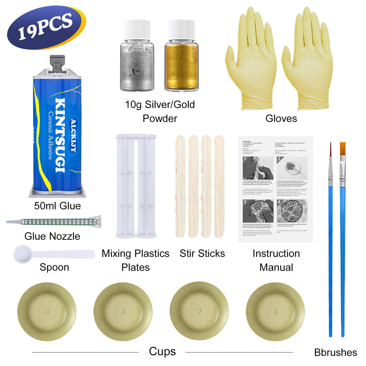 Alckijy Kintsugi Repair Kit Gold & Sliver, 18 Pcs Ceramic Repair Kit, Repair Your Meaningful Porcelain with Ease, Safe Bio Resin, Perfect for Beginners, Dishwasher Alckijy