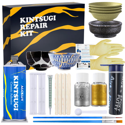 Alckijy Kintsugi Repair Kit Gold & Sliver, 21 Pcs Ceramic Repair Kit, Repair Your Meaningful Porcelain with Ease, Safe Bio Resin, Perfect for Beginners, Dishwasher Safe