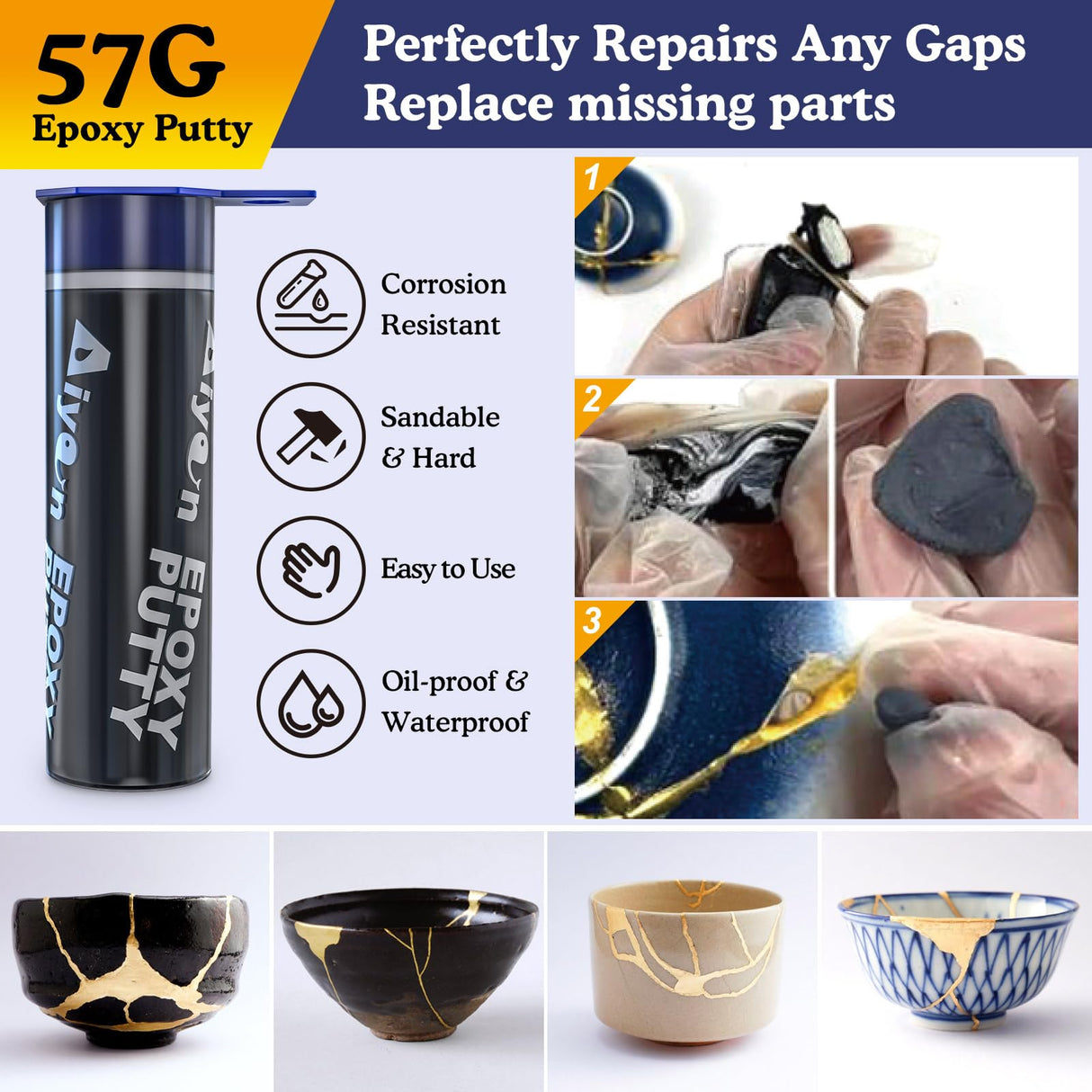 Alckijy Kintsugi Repair Kit Gold & Sliver, 21 Pcs Ceramic Repair Kit, Repair Your Meaningful Porcelain with Ease, Safe Bio Resin, Perfect for Beginners, Dishwasher Safe Alckijy