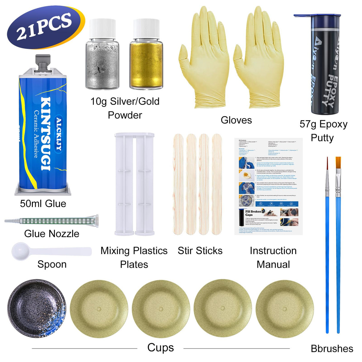 Alckijy Kintsugi Repair Kit Gold & Sliver, 21 Pcs Ceramic Repair Kit, Repair Your Meaningful Porcelain with Ease, Safe Bio Resin, Perfect for Beginners, Dishwasher Safe Alckijy