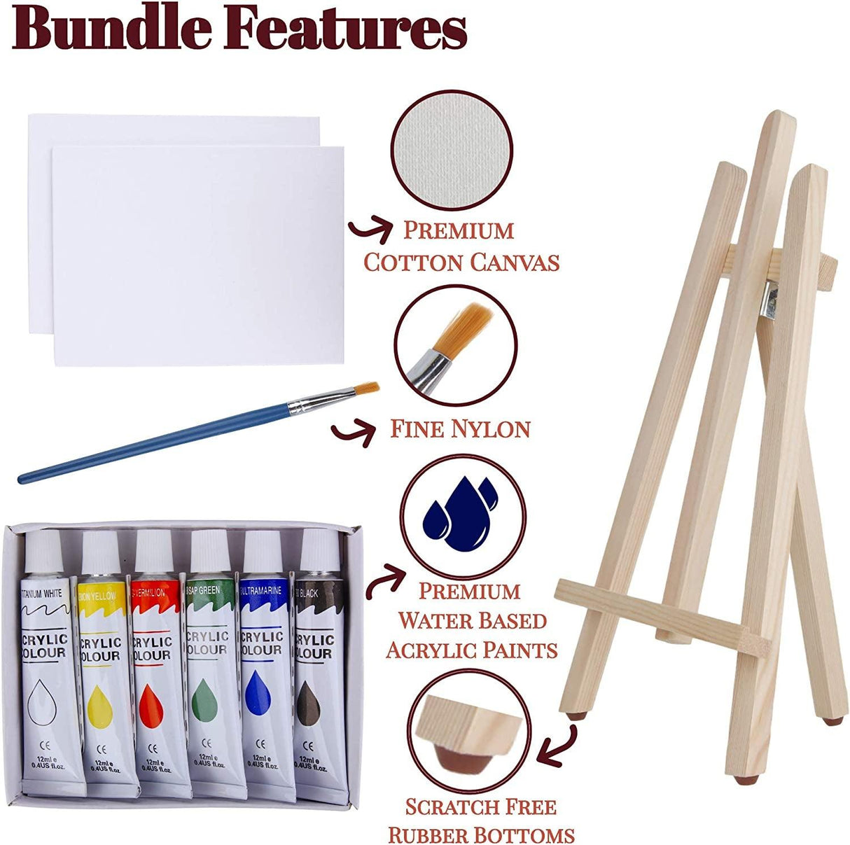 Art Canvas Paint Set 22-Piece Canvas Acrylic Kit with Wood Easel, 8X10 Inch Canvases, 12 Non Toxic Washable Paints, 5 Brushes, Palette WoodArtSupply