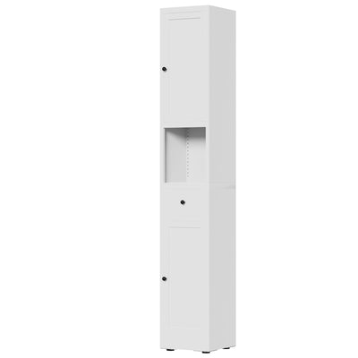 Tall Bathroom Storage Cabinet, 5-Tier Narrow With 2 Doors & Adjustable Shelves, Freestanding - White