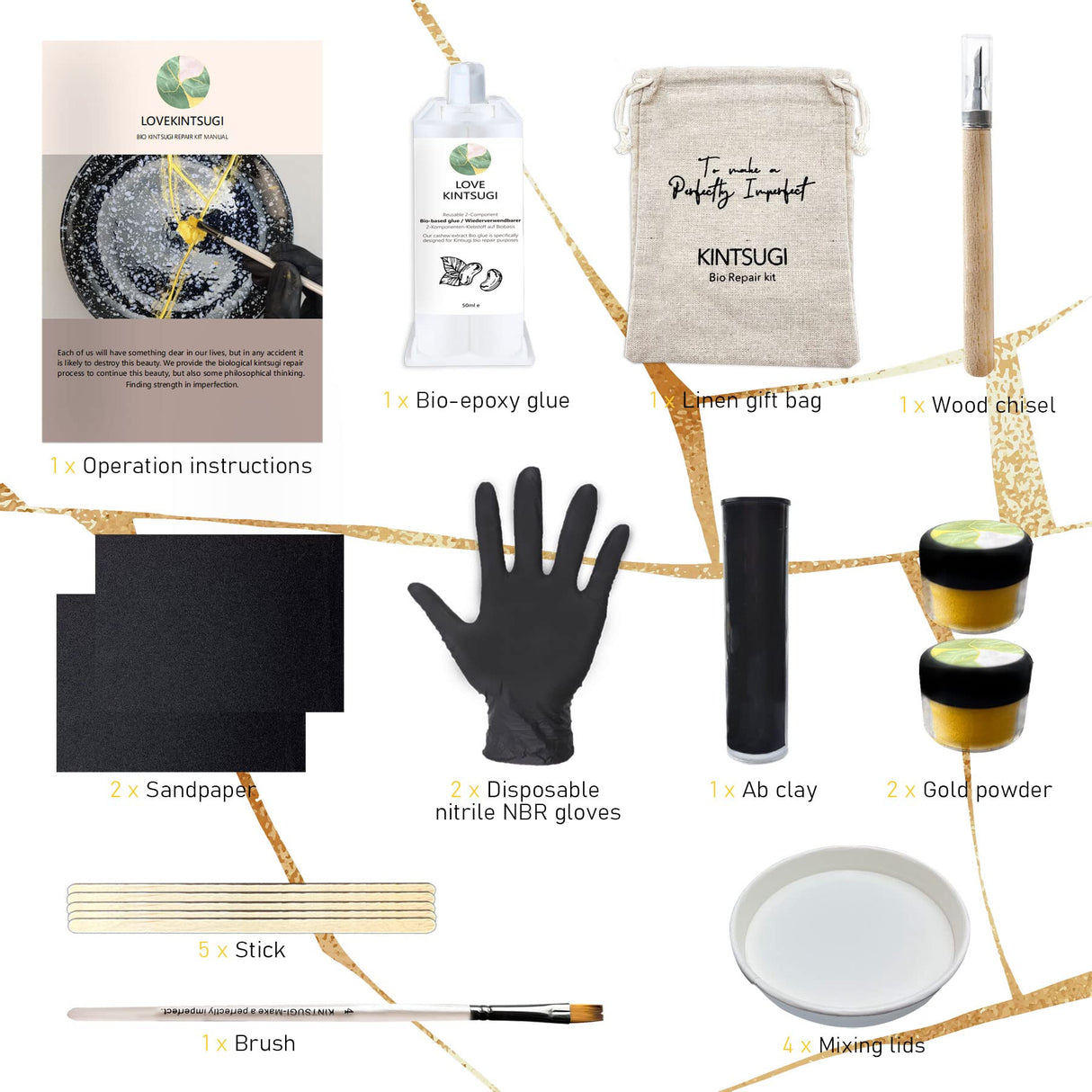Bio Kintsugi Repair Kit, Food Safety Bio Resin Kintsugi Kit, Bio Based - Dishwasher Safety - Repair Your Meaningful Objects with Bio Glue, Perfect for Beginners, Japanese Art Kintsugi Craft EIGTWEN