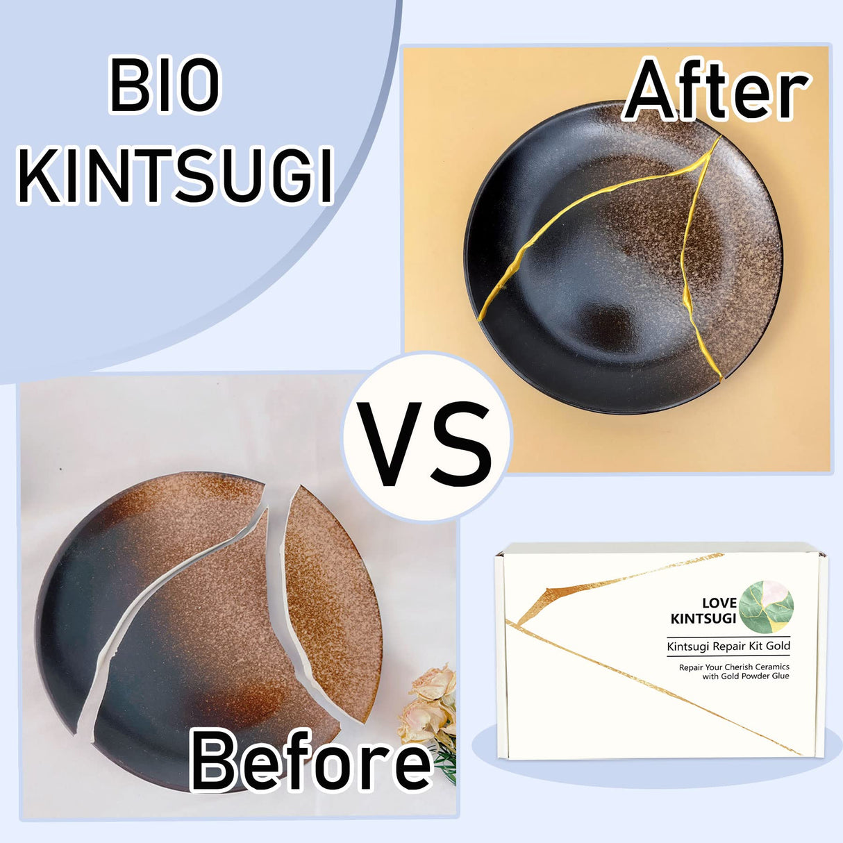 Bio Kintsugi Repair Kit, Food Safety Bio Resin Kintsugi Kit, Bio Based - Dishwasher Safety - Repair Your Meaningful Objects with Bio Glue, Perfect for Beginners, Japanese Art Kintsugi Craft EIGTWEN