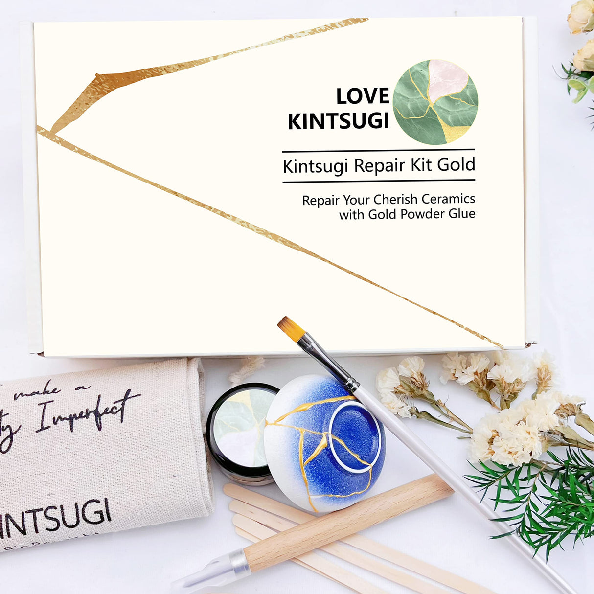Bio Kintsugi Repair Kit, Natural Bio Kintsugi Kit Repair Your Meaningful Pottery with Gold Glue, Dishwasher Safe, Food Safe, KINTSUGI Pottery Repair for Starter MUFUN