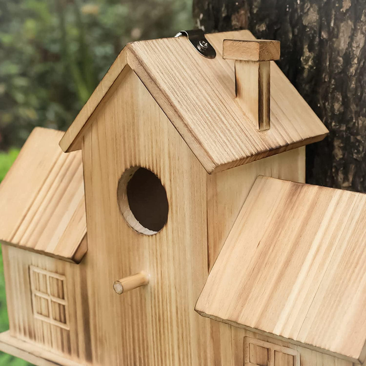 Bird Houses for Outside 3 Hole Bird House Room for 3 Bird Families Hanging Birdhouse for Garden WoodArtSupply