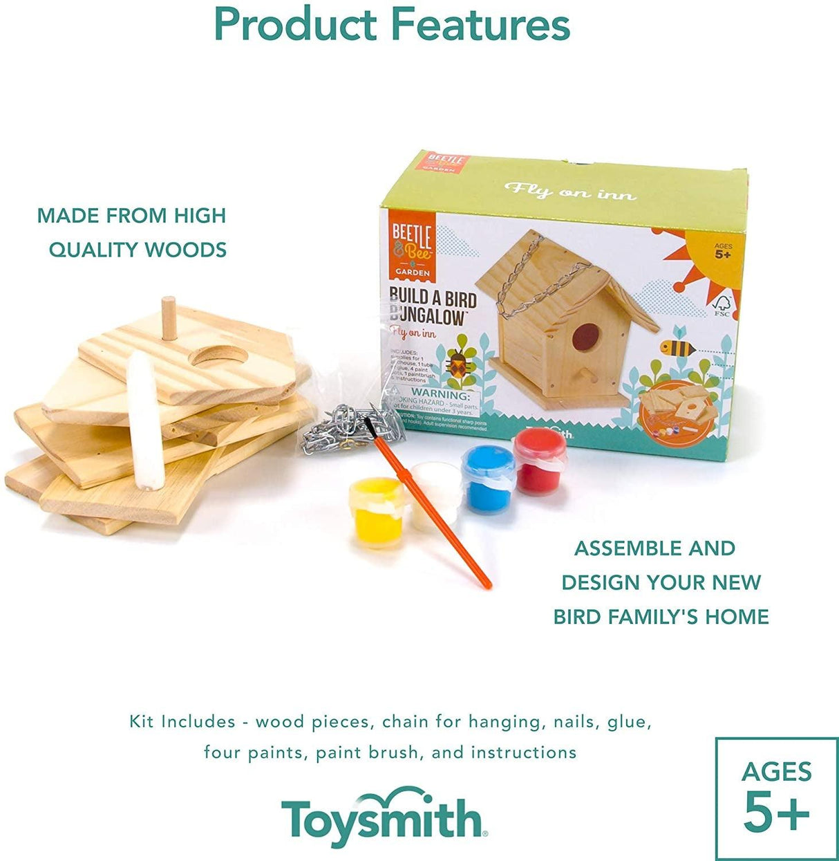Build a Bird Bungalow DIY Kid Art Craft Outdoor Kit, 6" X 4" X 6" 4 Paints, 1 Brush, 7 Wooden Chain WoodArtSupply