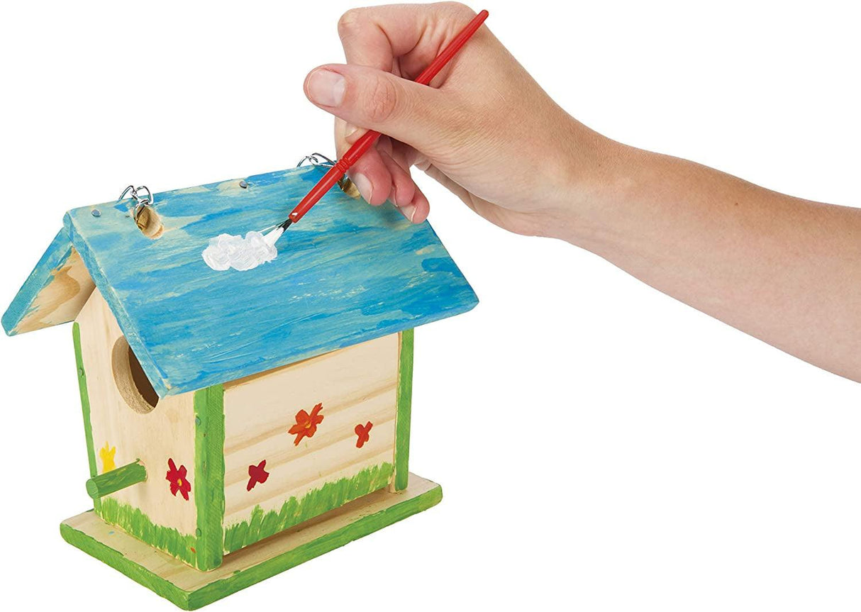 Build a Bird Bungalow DIY Kid Art Craft Outdoor Kit, 6" X 4" X 6" 4 Paints, 1 Brush, 7 Wooden Chain WoodArtSupply