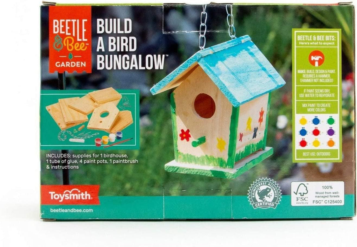 Build a Bird Bungalow DIY Kid Art Craft Outdoor Kit, 6" X 4" X 6" 4 Paints, 1 Brush, 7 Wooden Chain WoodArtSupply