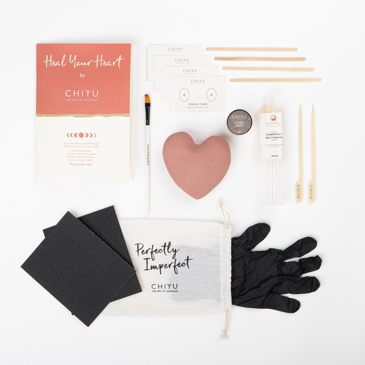 CHIYU Kintsugi kit - Heal Your Heart - Gold Glue - Includes Ceramic Heart - Gift Box - Kintsugi Repair Kit - Blush CHIYU