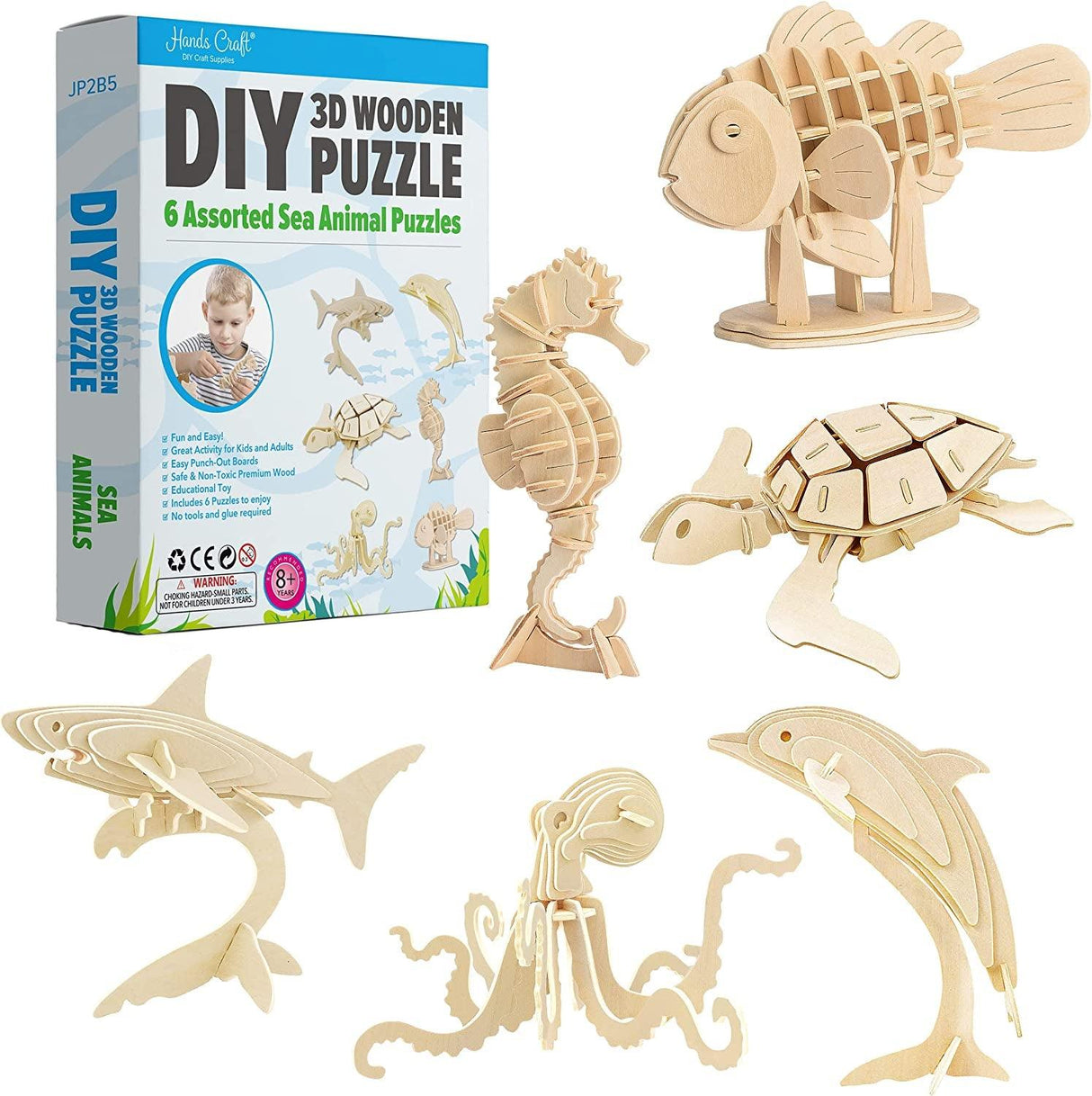 Craft DIY 3D Wooden Puzzle – 6 Assorted Sea Animals Bundle Pack Set Brain Teaser Puzzles Educational STEM Toy WoodArtSupply